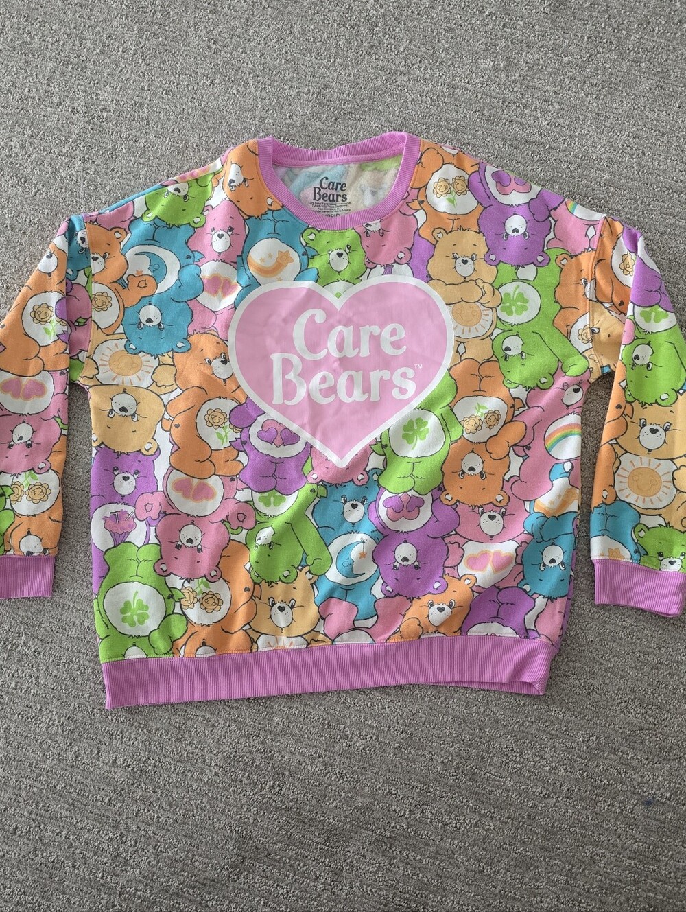 Hybrid Apparel Care Bears Multicolor Crewneck Sweatshirt with Pink Ribbed Trim